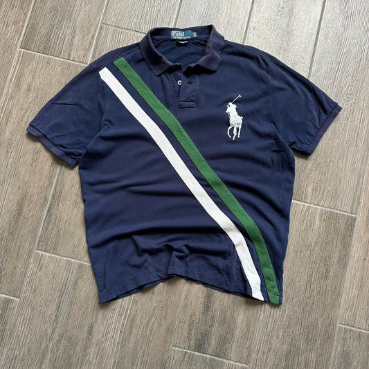 Ralph Lauren navy blue polo shirt with green and white stripes