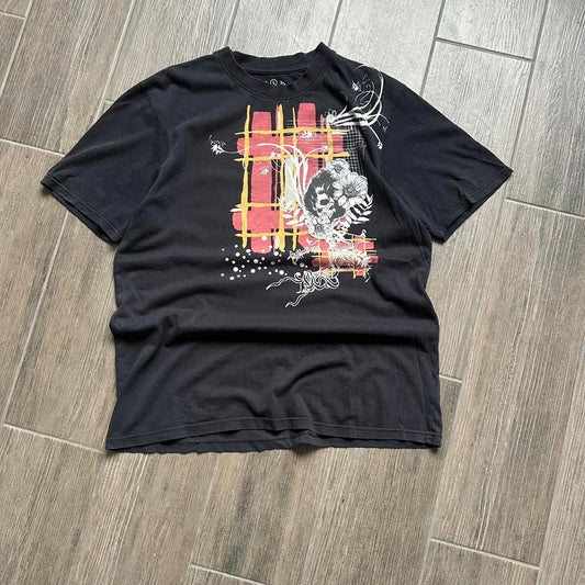 Billabong black graphic tee with skull and flower design