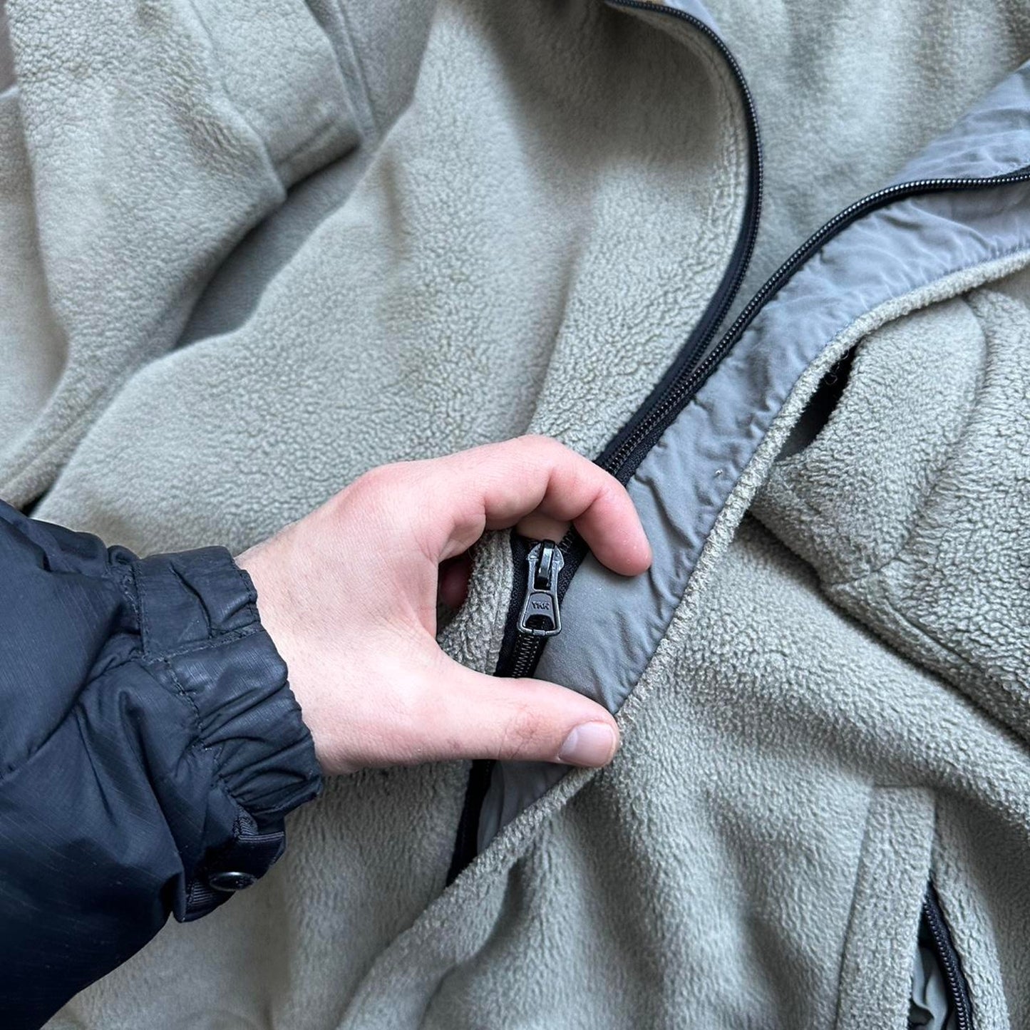 Tan fleece jacket zipper pockets