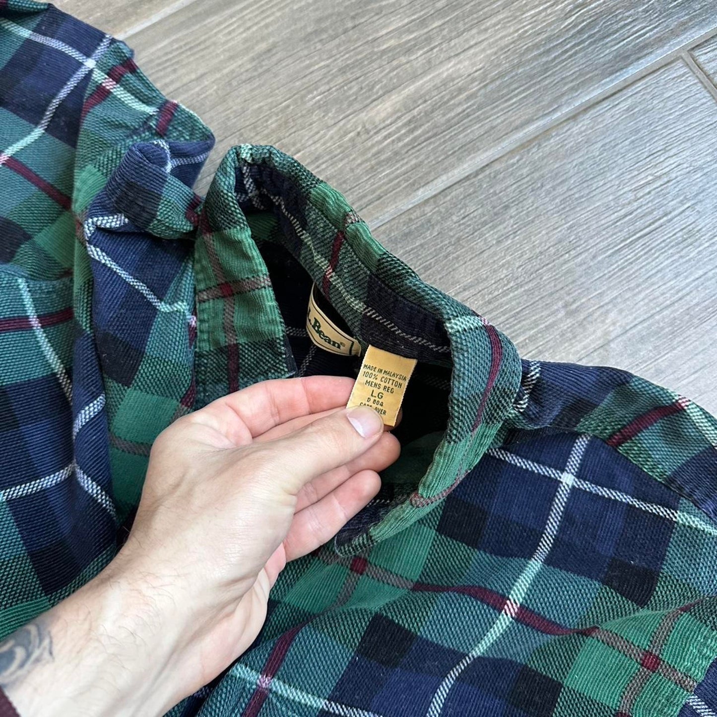 L.L. Bean vintage green and navy plaid button down shirt