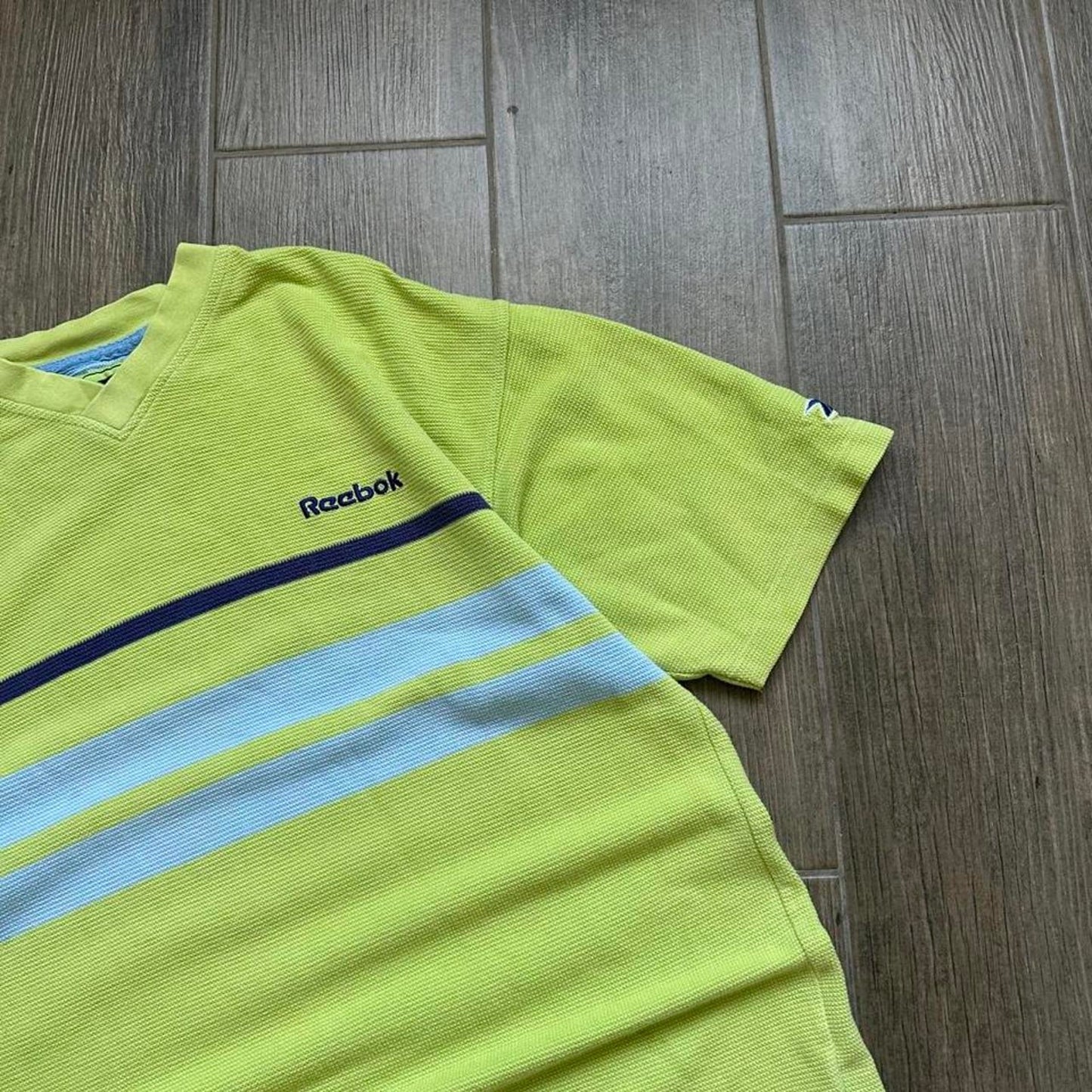 Reebok green striped v-neck t-shirt
