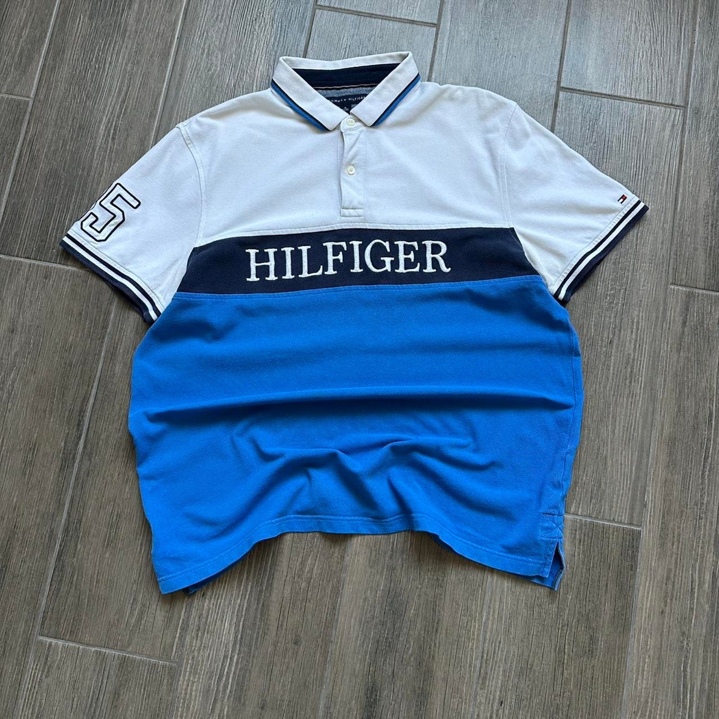Tommy Hilfiger blue and white polo shirt