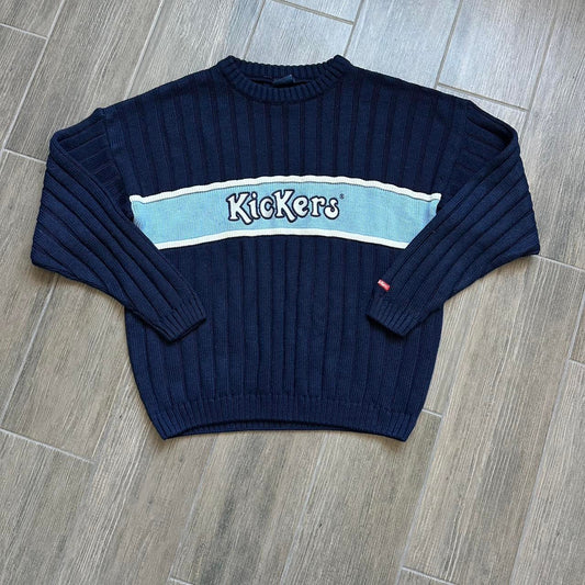 Kickers navy blue sweater with white and light blue accents