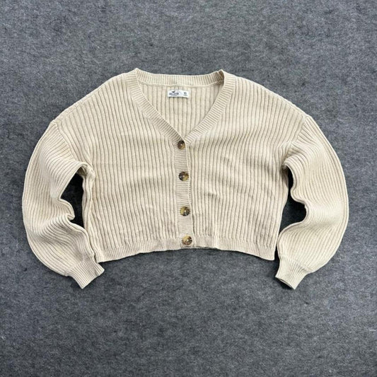 Hollister Co. Cream Cropped Ribbed Cardigan
