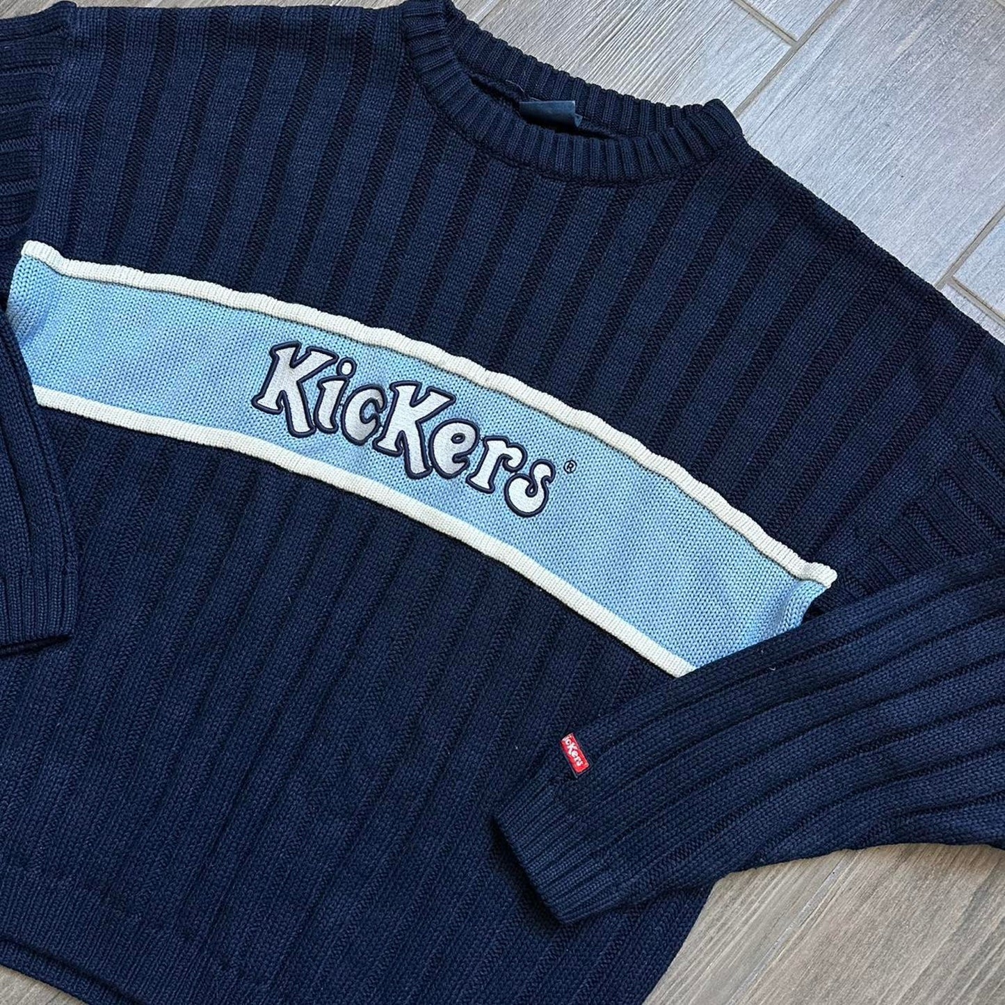 Kickers navy blue sweater with white and light blue accents