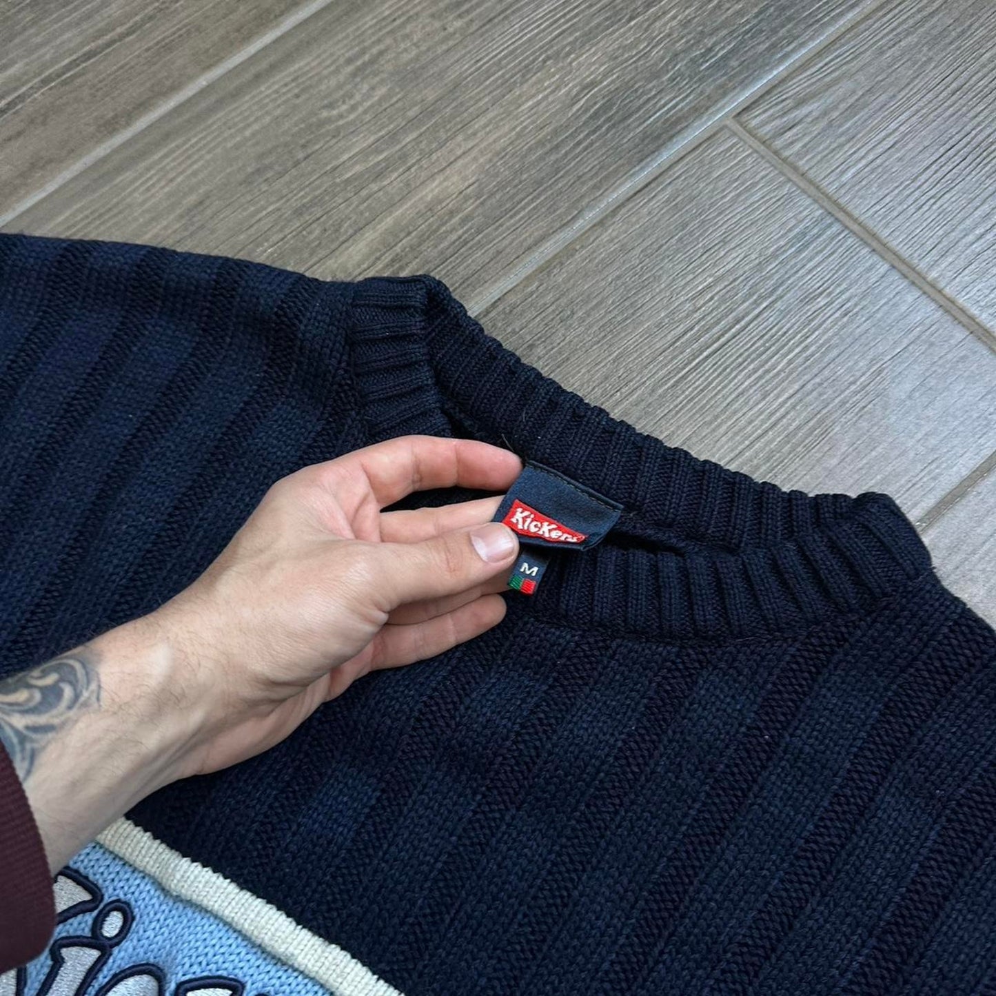 Kickers navy blue sweater with white and light blue accents