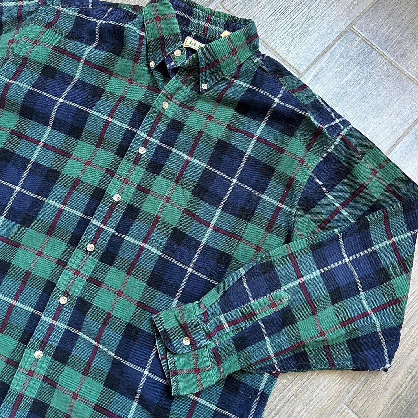 L.L. Bean vintage green and navy plaid button down shirt