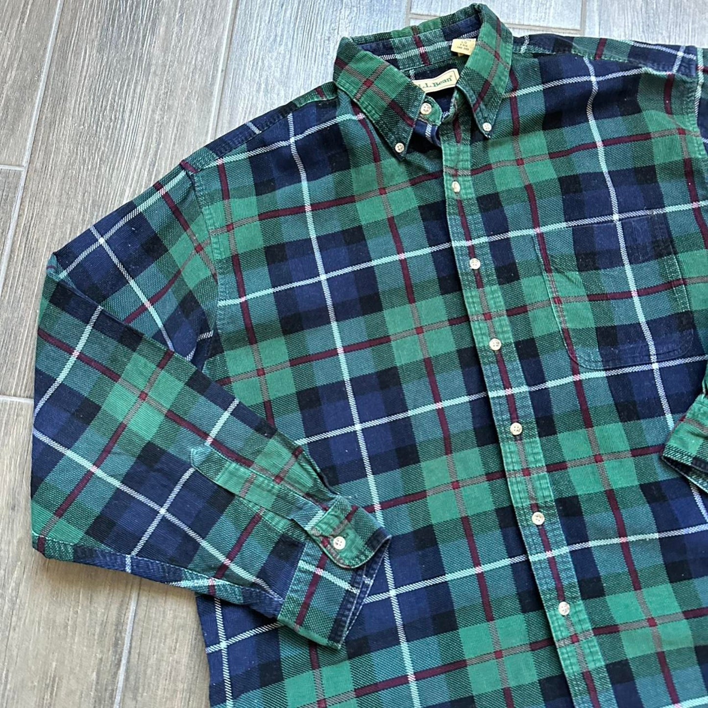 L.L. Bean vintage green and navy plaid button down shirt