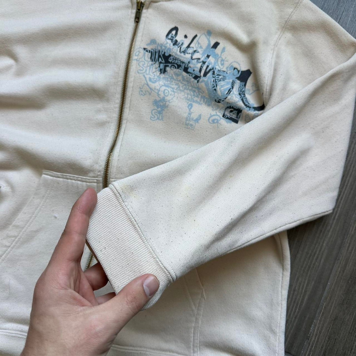 Quiksilver women cream zip up hoodie with blue graphic