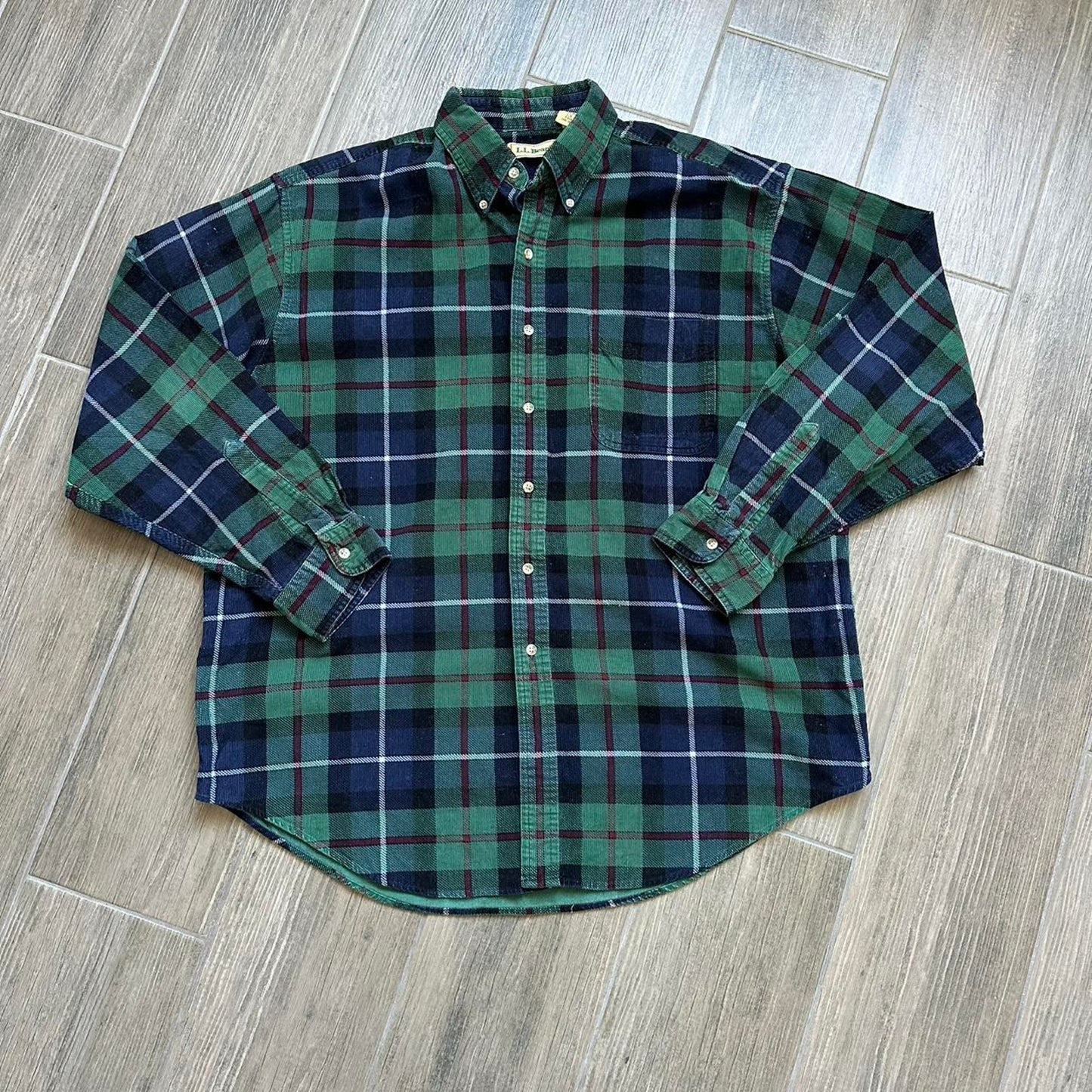 L.L. Bean vintage green and navy plaid button down shirt