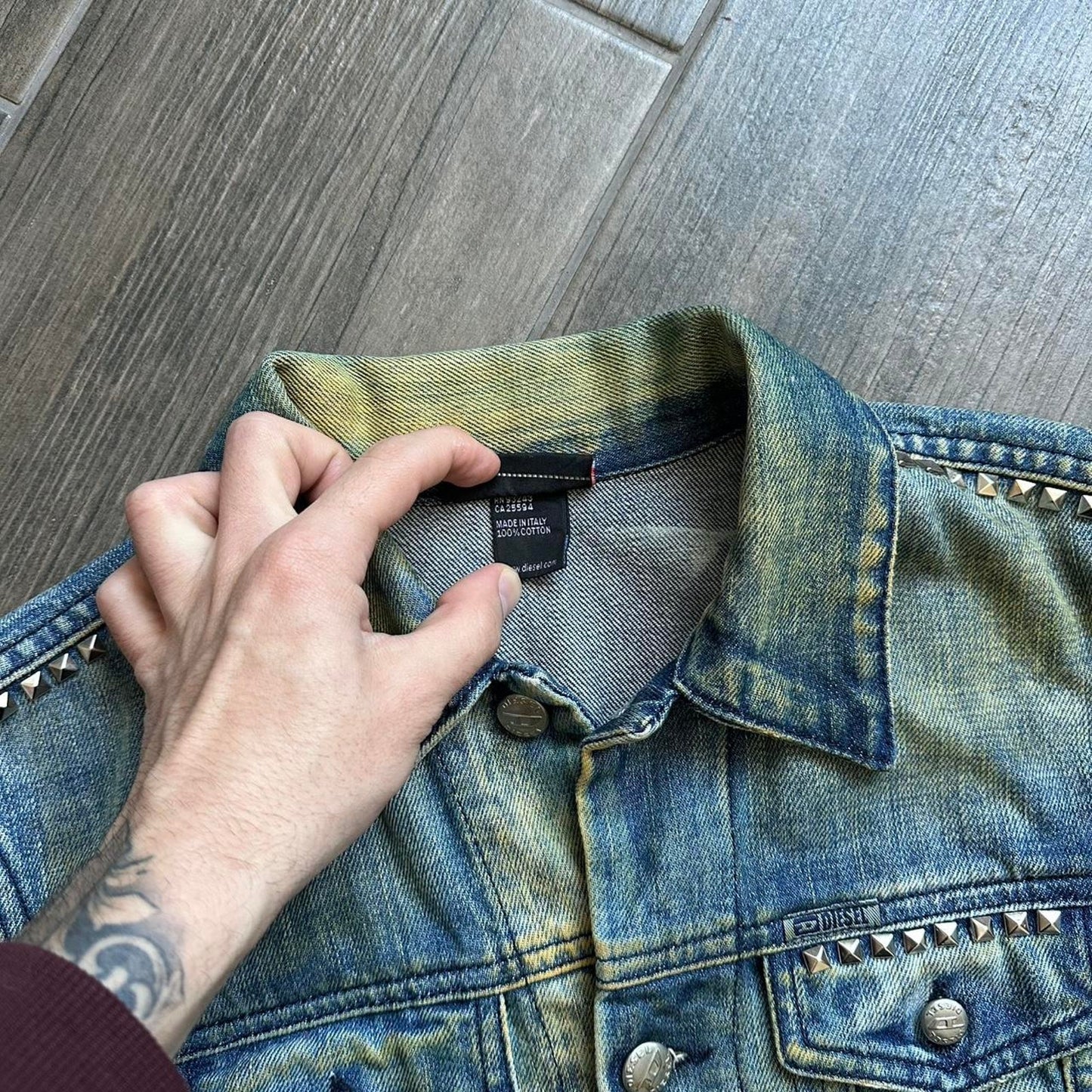 Diesel studded denim jacket with a grunge vibe