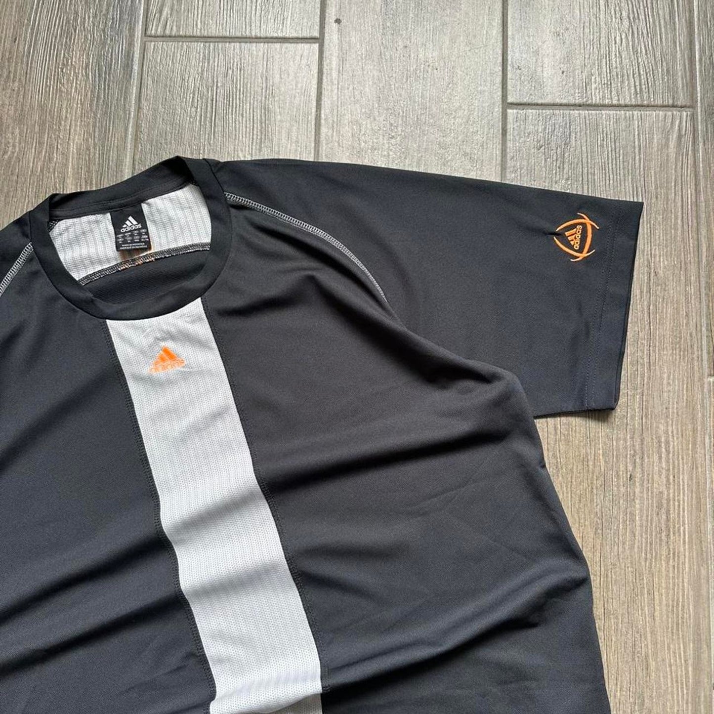Adidas black and grey striped t-shirt