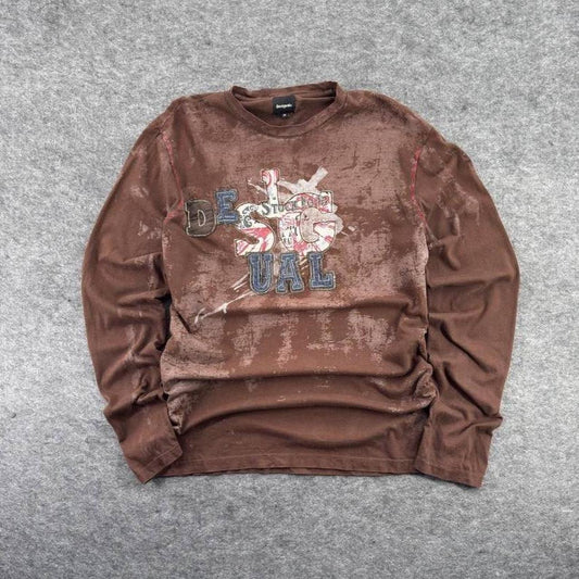 Y2K Brown Distressed Graphic Long Sleeve Shirt