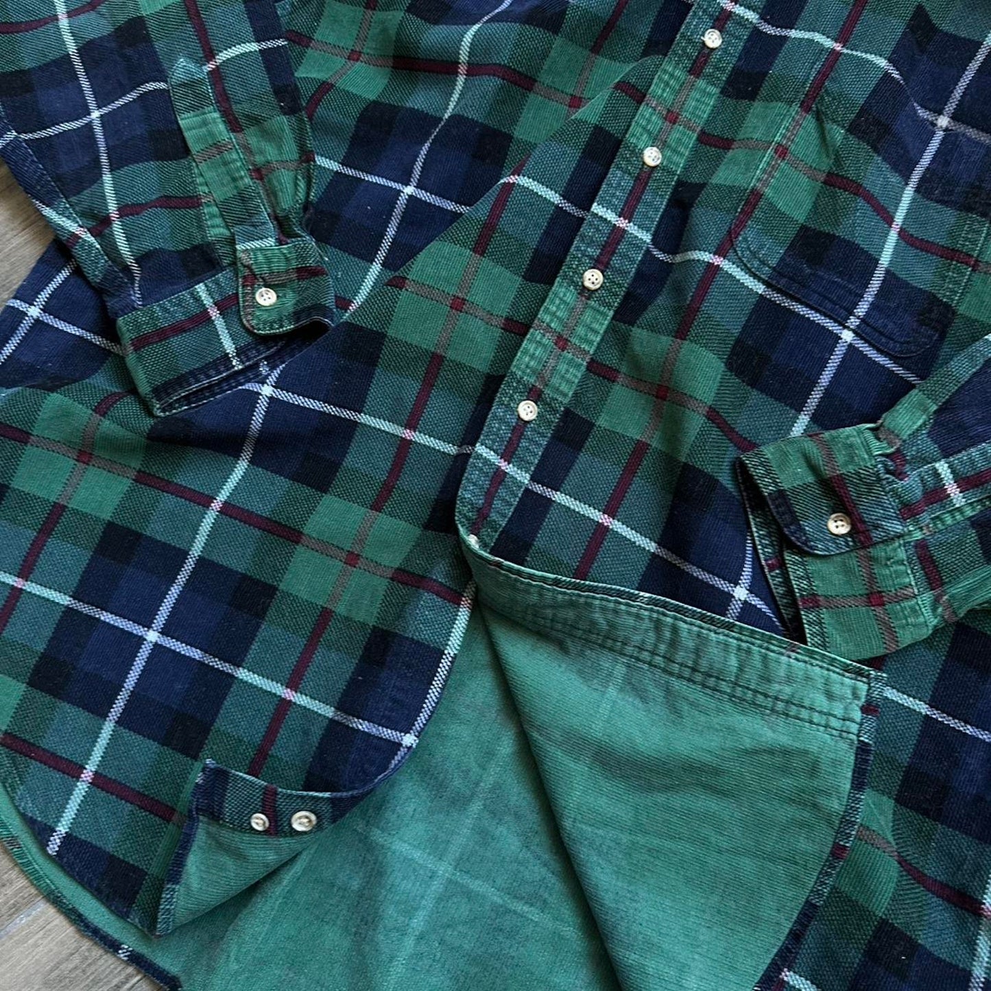 L.L. Bean vintage green and navy plaid button down shirt