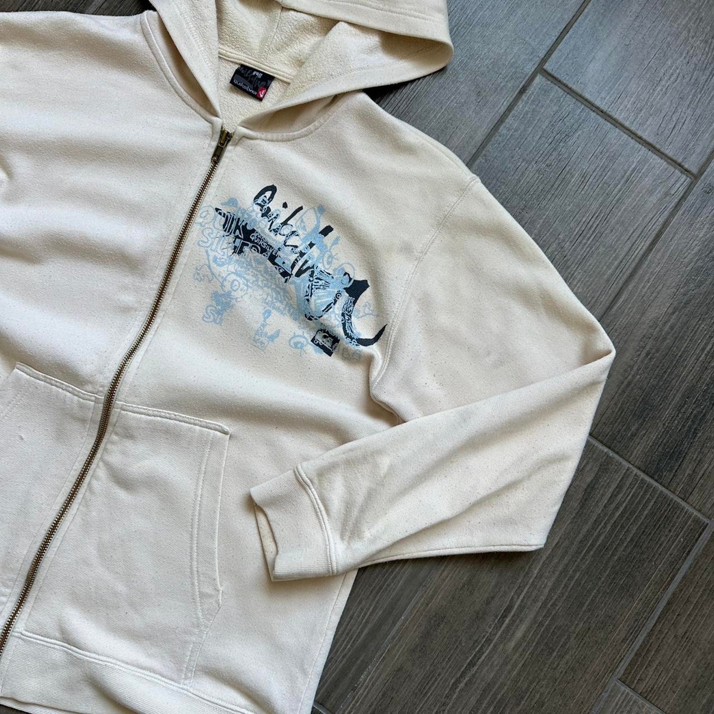 Quiksilver women cream zip up hoodie with blue graphic