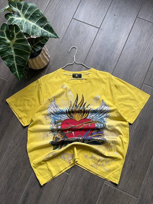 Christian Audigier Ed Hardy Yellow Graphic T-Shirt