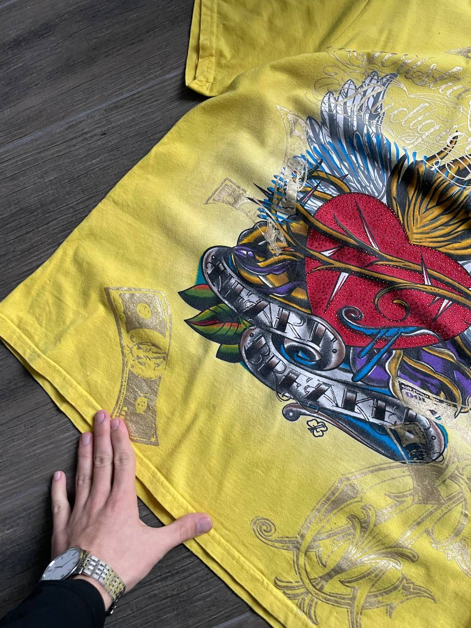 Christian Audigier Ed Hardy Yellow Graphic T-Shirt