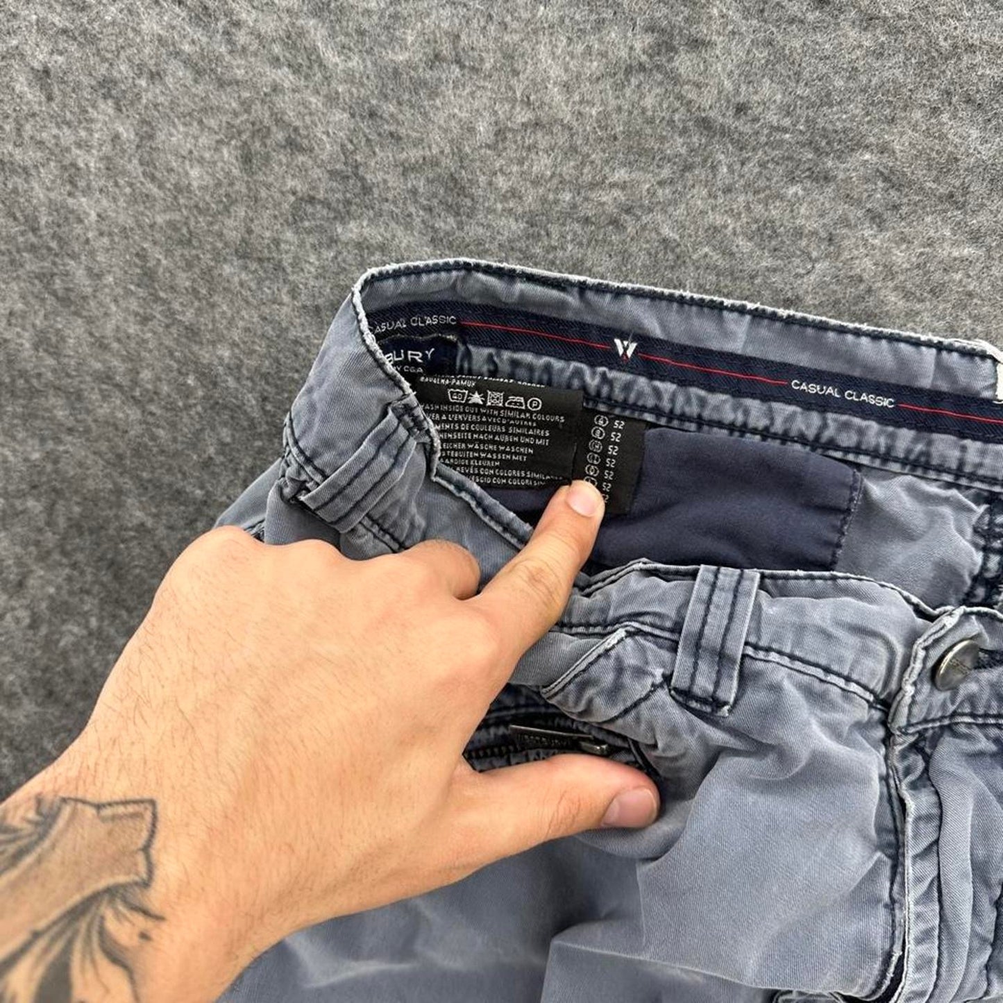 Grey cargo shorts with multiple