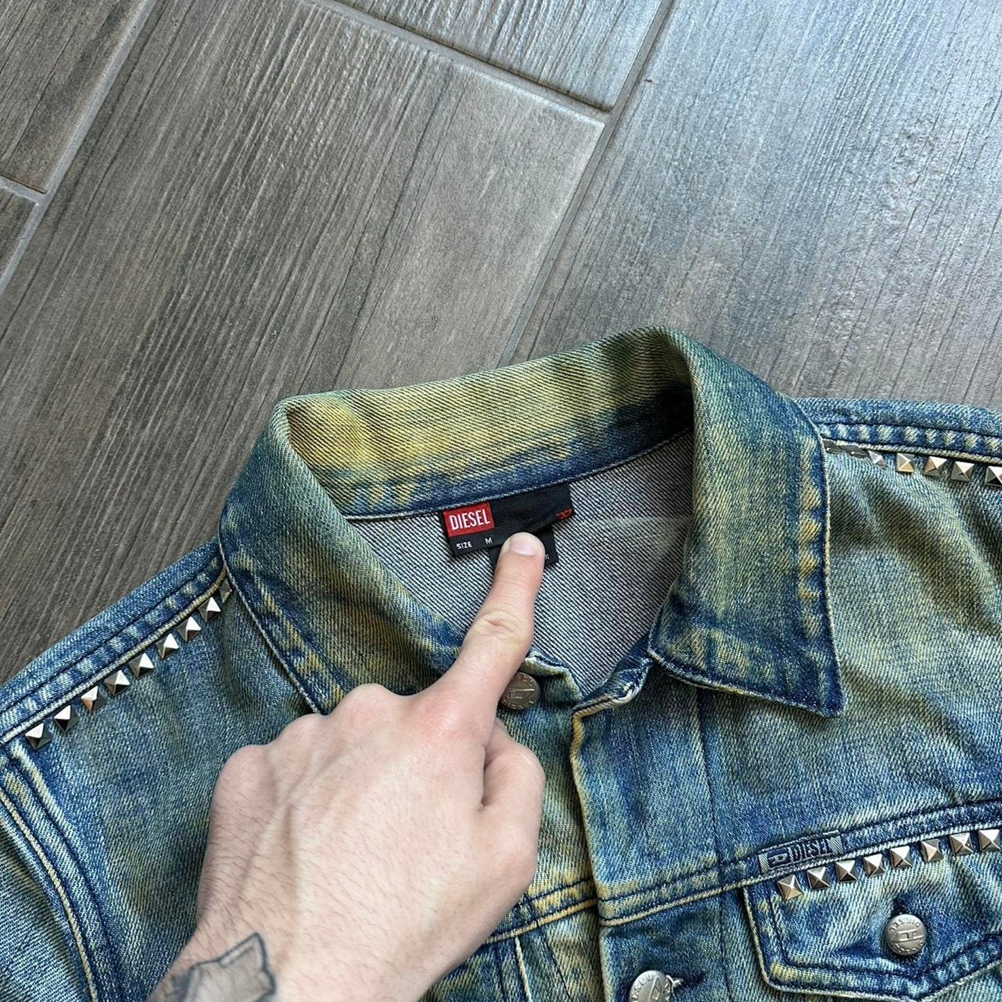 Diesel studded denim jacket with a grunge vibe