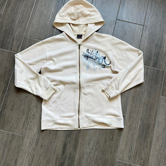 Quiksilver women cream zip up hoodie with blue graphic