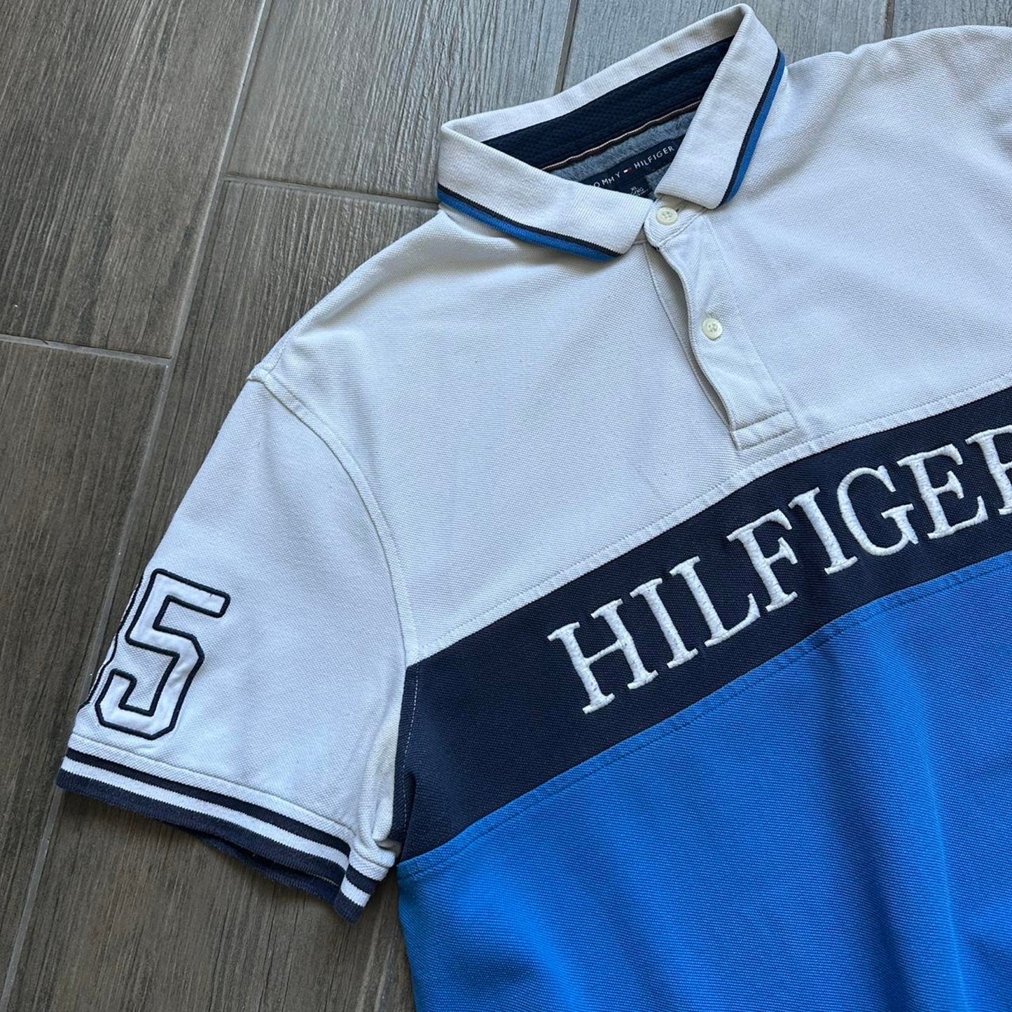 Tommy Hilfiger blue and white polo shirt