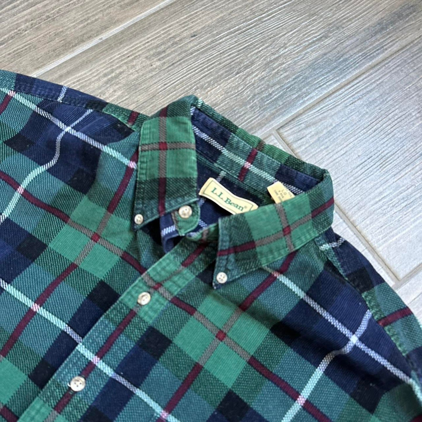L.L. Bean vintage green and navy plaid button down shirt