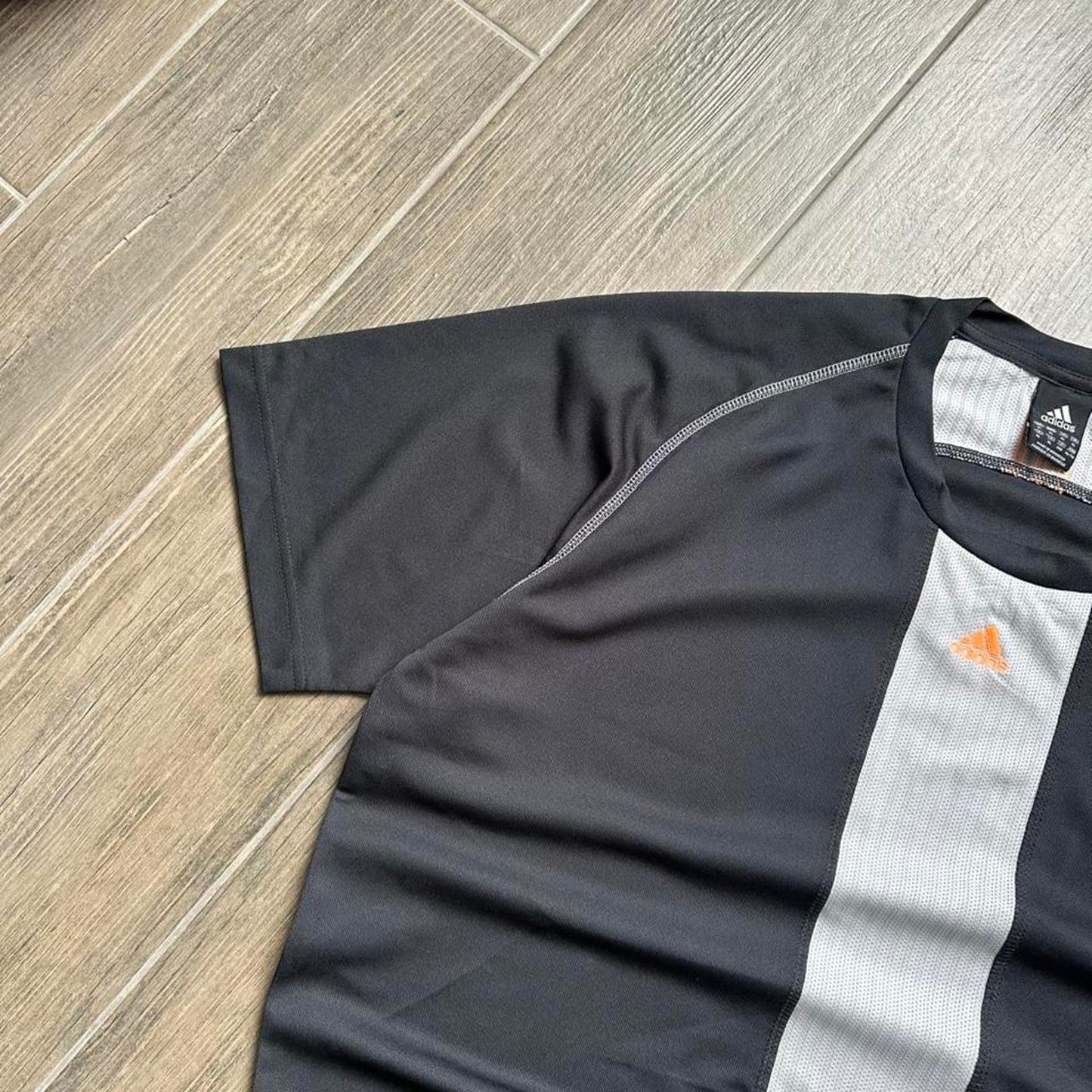 Adidas black and grey striped t-shirt