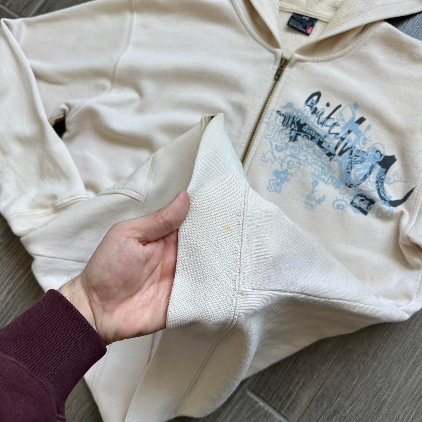 Quiksilver women cream zip up hoodie with blue graphic