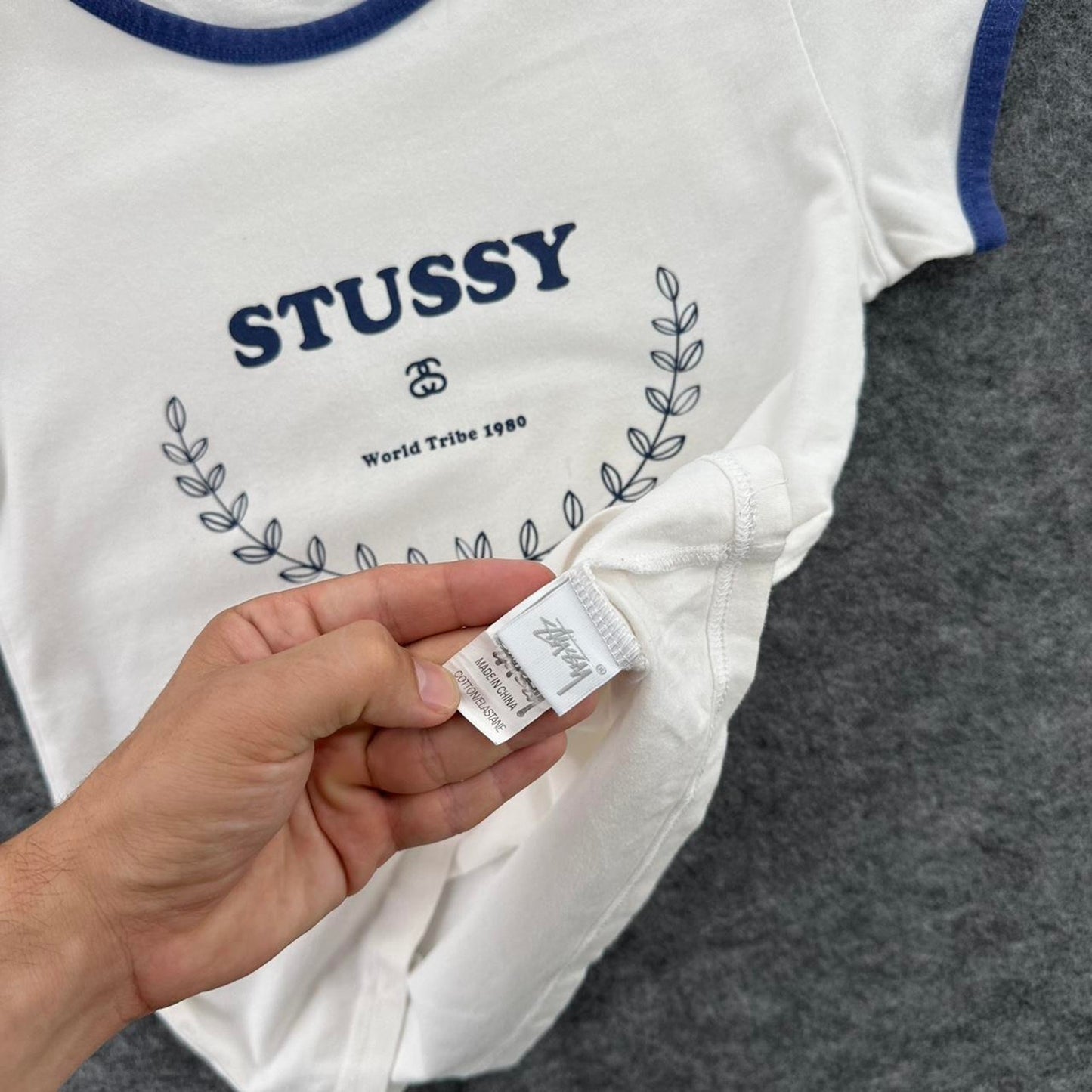 Stussy white baby tee with