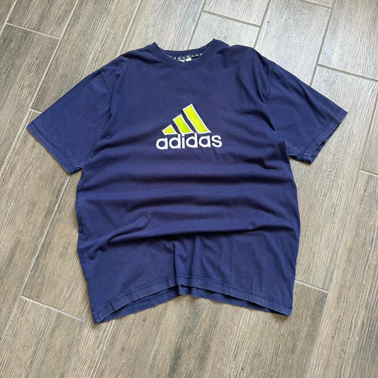 Adidas navy blue t-shirt with yellow and white logo